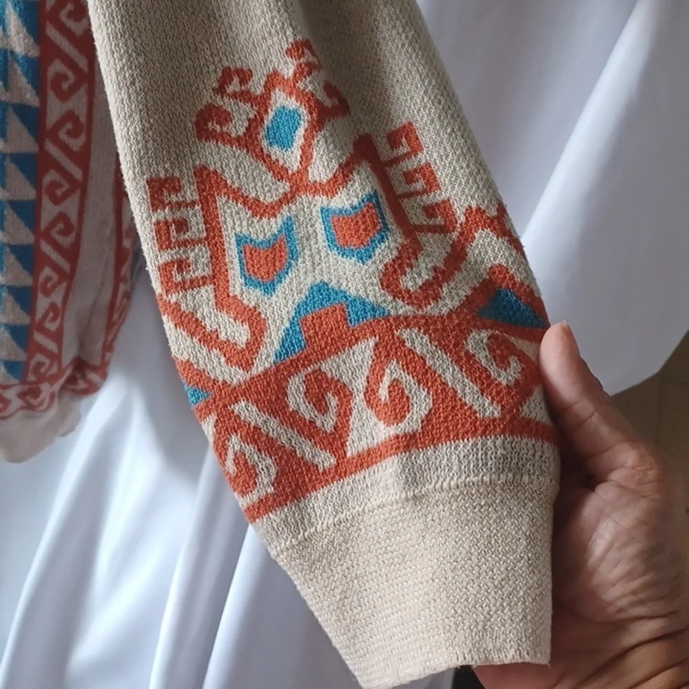 Flying Tomato Printed Knit Cardigan Size Small, turquoise, cream, orange